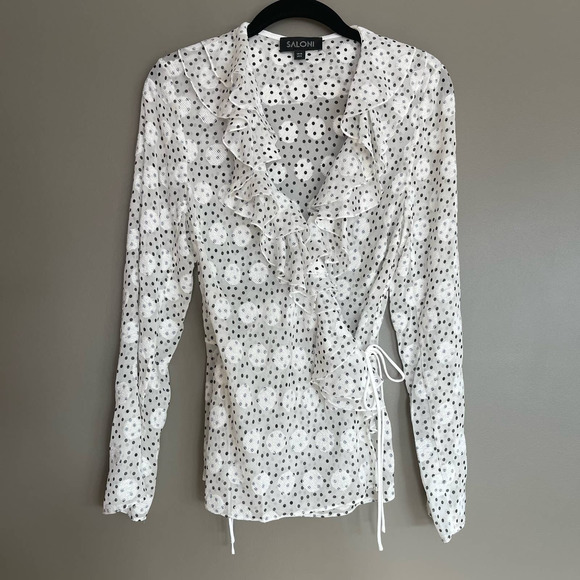 SALONI Iman Silk Wrap Blouse White Black Polka Dot Ruffles Sheer Contemporary - Picture 6 of 16